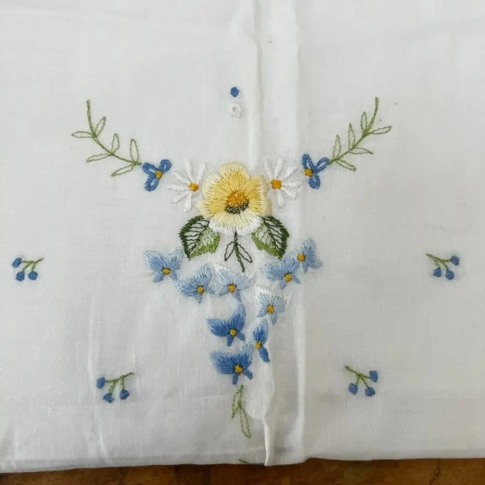 Pillow Sham White Scalloped Edge Embroidered Flowers Cotton Cottage Romant